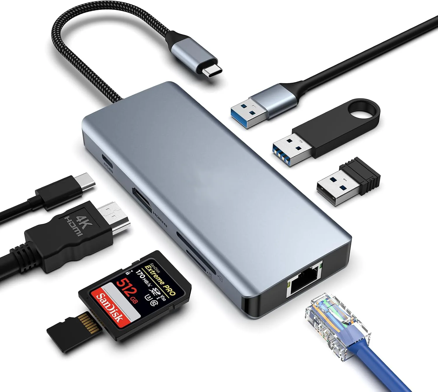 هاب 8 به 1 تایپ سی – HDMI، شبکه، USB و کارت‌خوان
